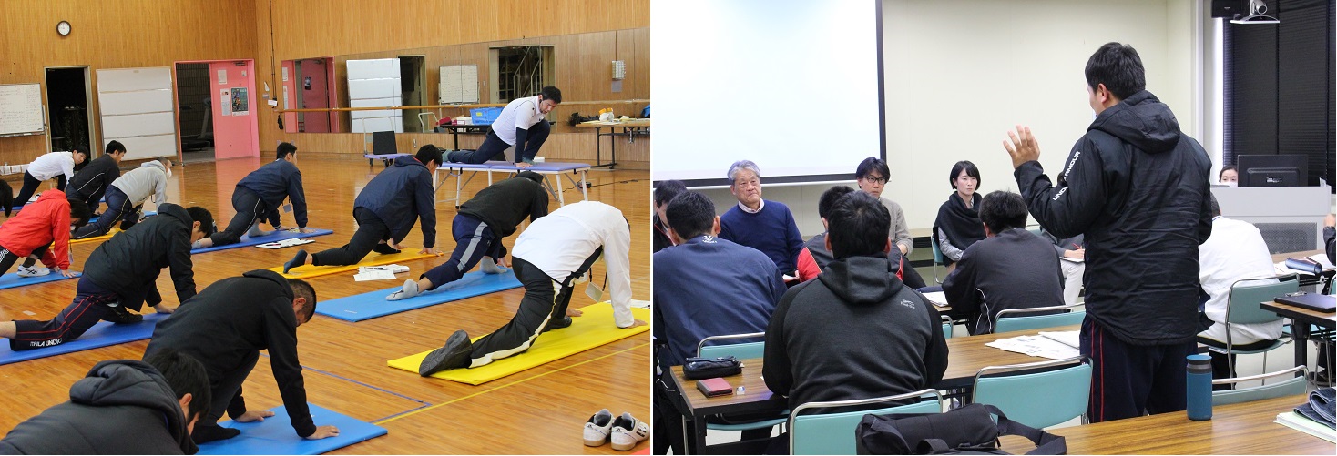 （左）正しいストレッチを実践（右）意見交換会の様子