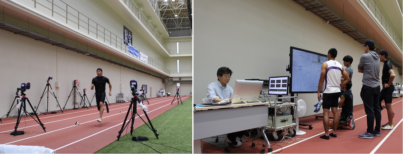 （左）フォースプレート上を走る佐藤選手（右）疾走後に松尾彰文教授（非常勤研究員）とデータを確認する佐藤選手ら