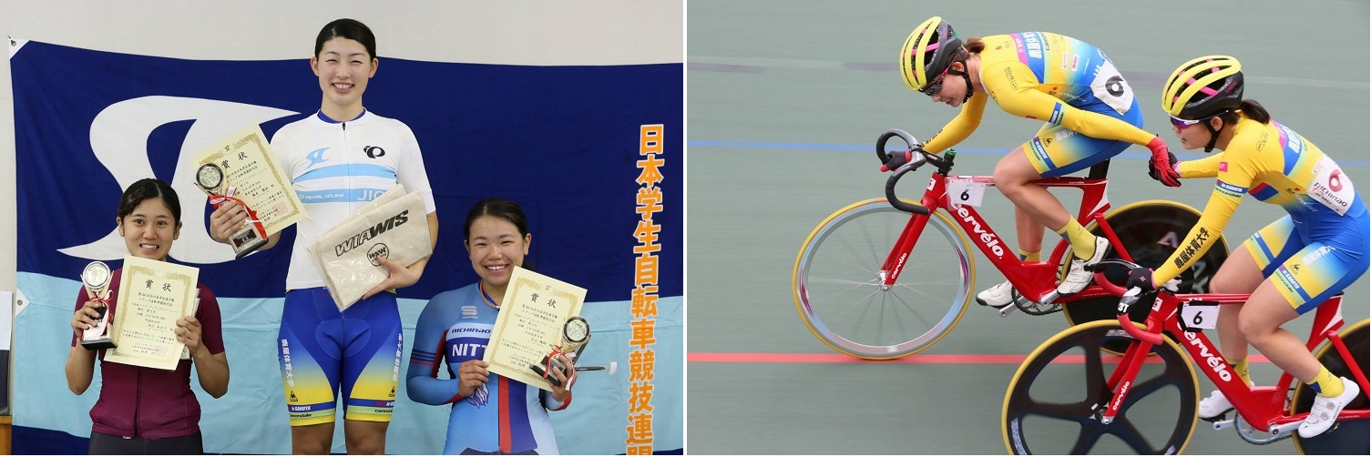 （左）表彰台にて中央が橋本さん（右）女子マディソンの様子