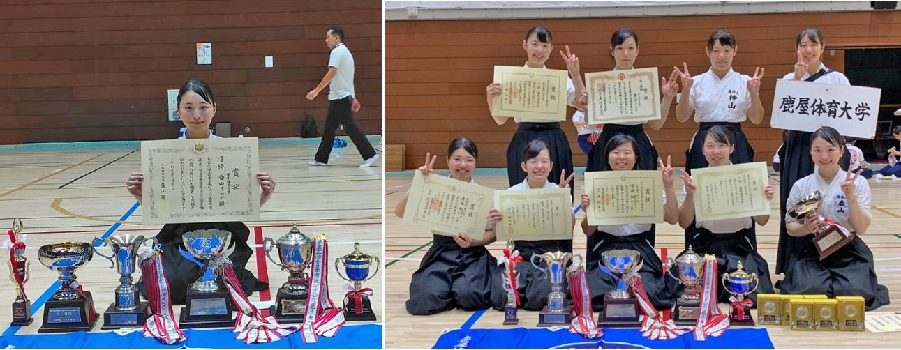 (左)優勝した春山さん(右)なぎなた部のみなさん