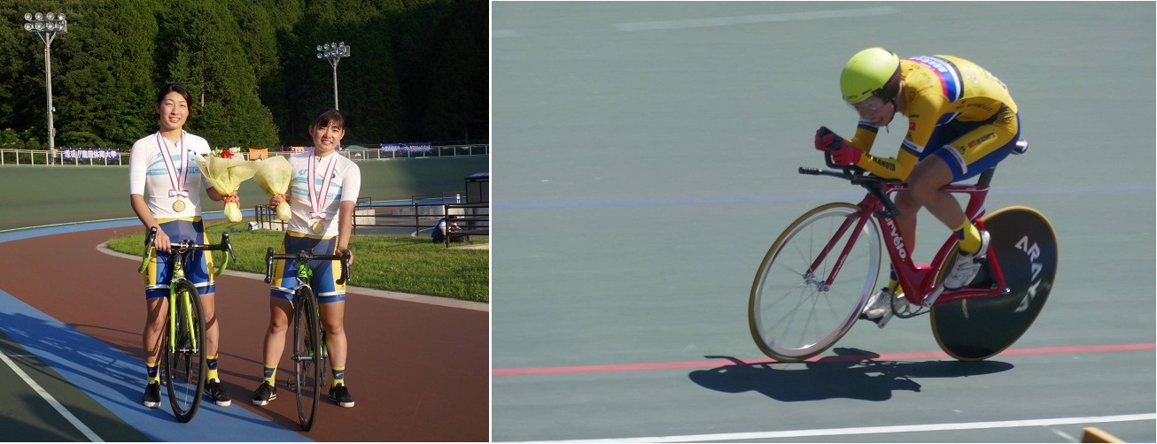 (左)マディソンで優勝した橋本さんと石上さん(右)橋本さん競技の様子