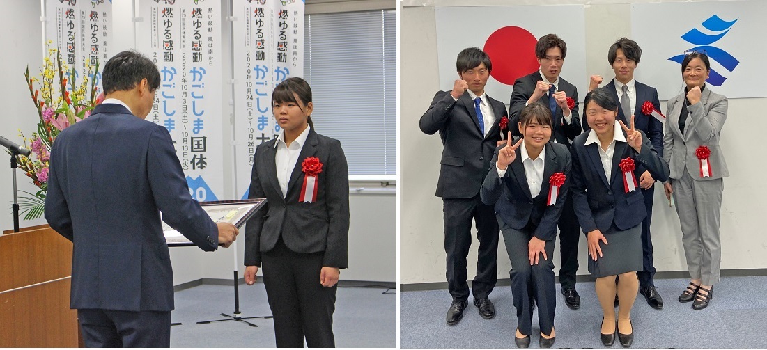 （左）表彰式の様子（右）受賞したカヌー部のみなさんと顧問教員の中村夏実准教授