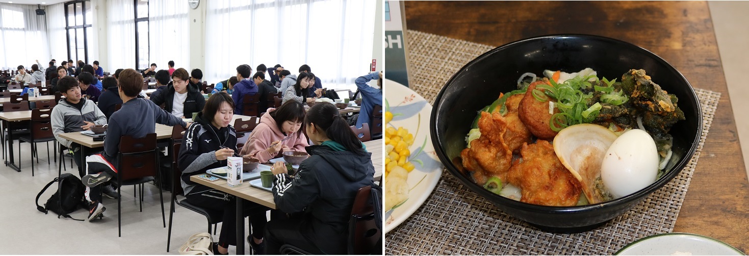 （左）賑わう学生食堂（右）450円のどっかんラーメン