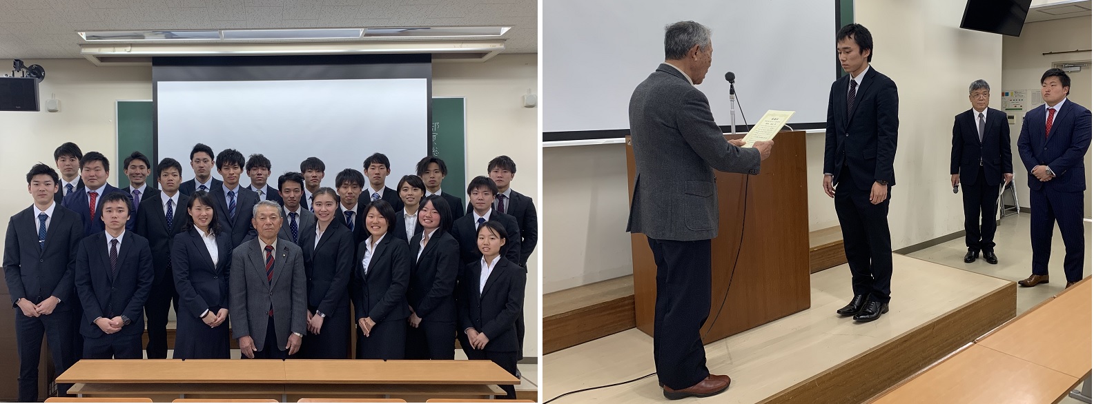 (左)堀内理事長を中央に集合写真（右）贈呈式の様子（藤田君）