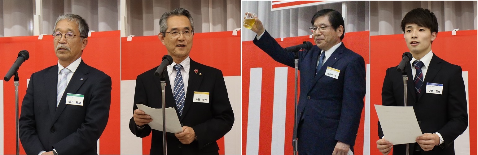 左から松下学長、中野教育長、風呂井理事長、杉野さん
