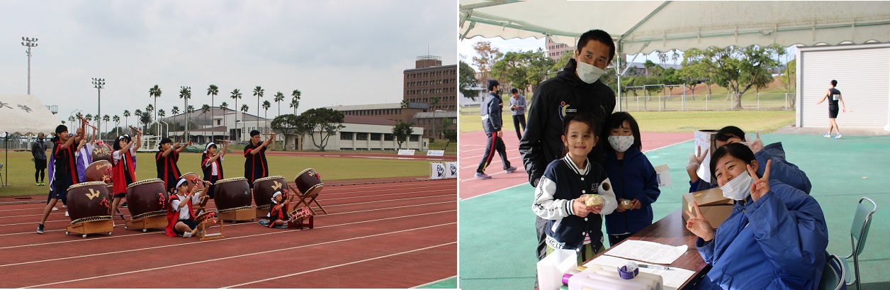 (左)山陵子ども太鼓のみなさん (右)参加賞のシュークリームを受け取る坂中さん家族