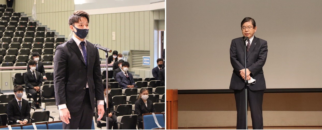 （左）受給者代表挨拶を述べる体操競技部杉野さん（右）風呂井理事長の挨拶
