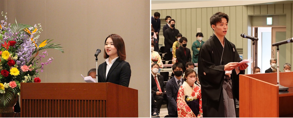 （左）在学生送辞を述べる安次嶺心さん（右）卒業証書・学位記取得者答辞を述べる杉野さん