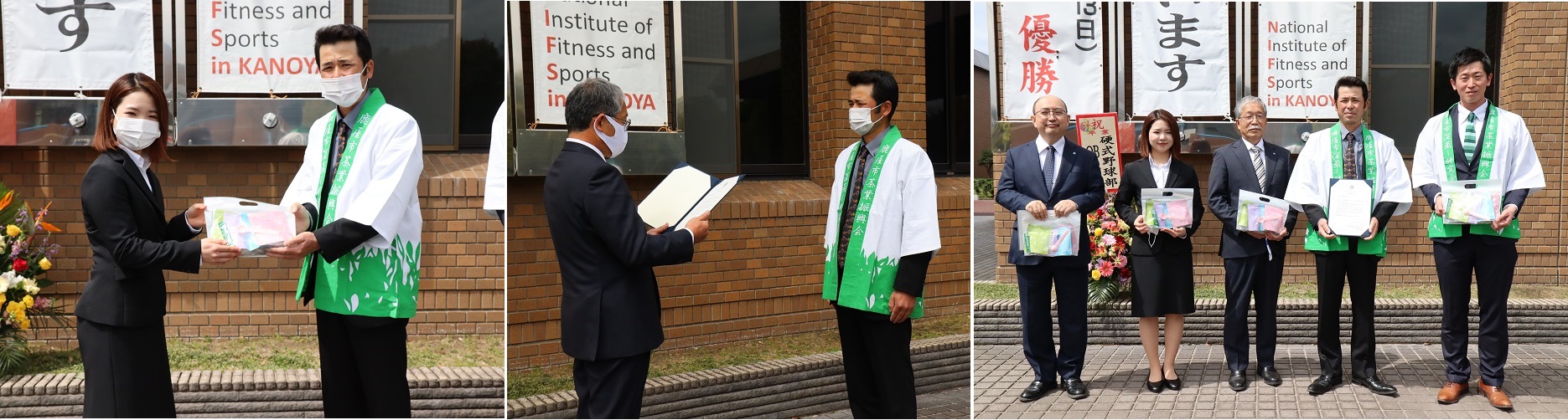 （集合写真：左から）羽室秀樹総務課長、安次嶺さん、松下学長、岩元会長、西尾仁一（鹿屋市茶業振興会）