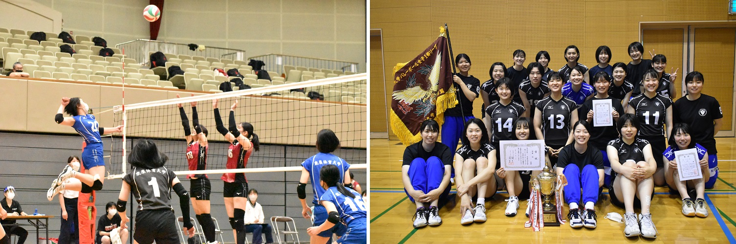 写真左　試合中の写真
写真右　女子バレーボール部のみなさんの集合写真