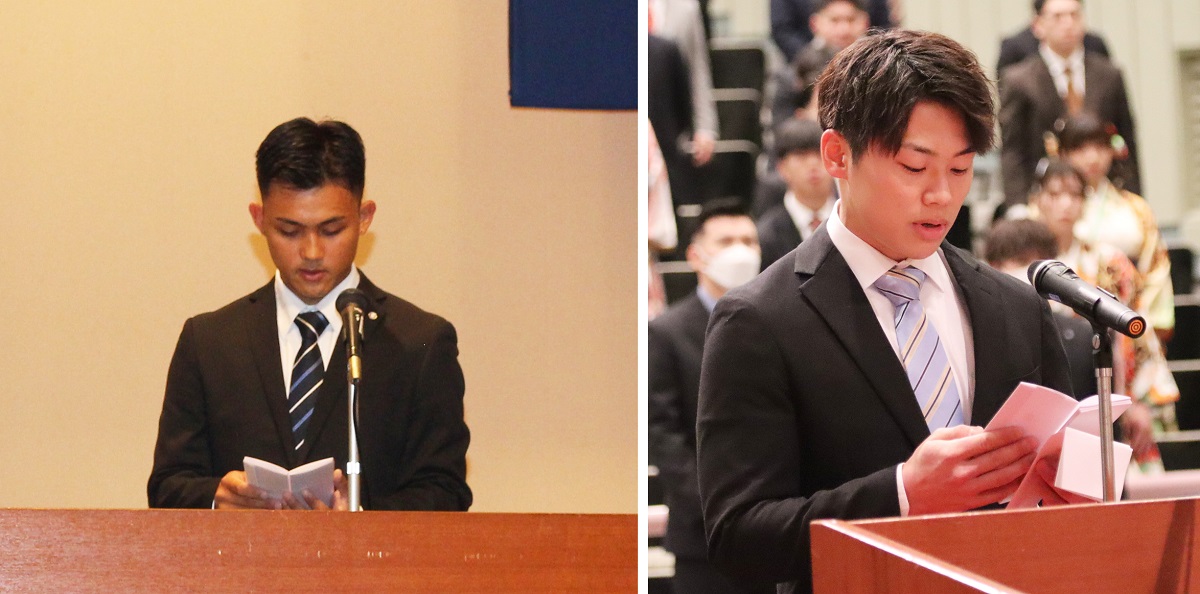 左）在学生送辞を述べる今井さん
右）卒業証書・学位記取得者答辞を述べる長谷川さん