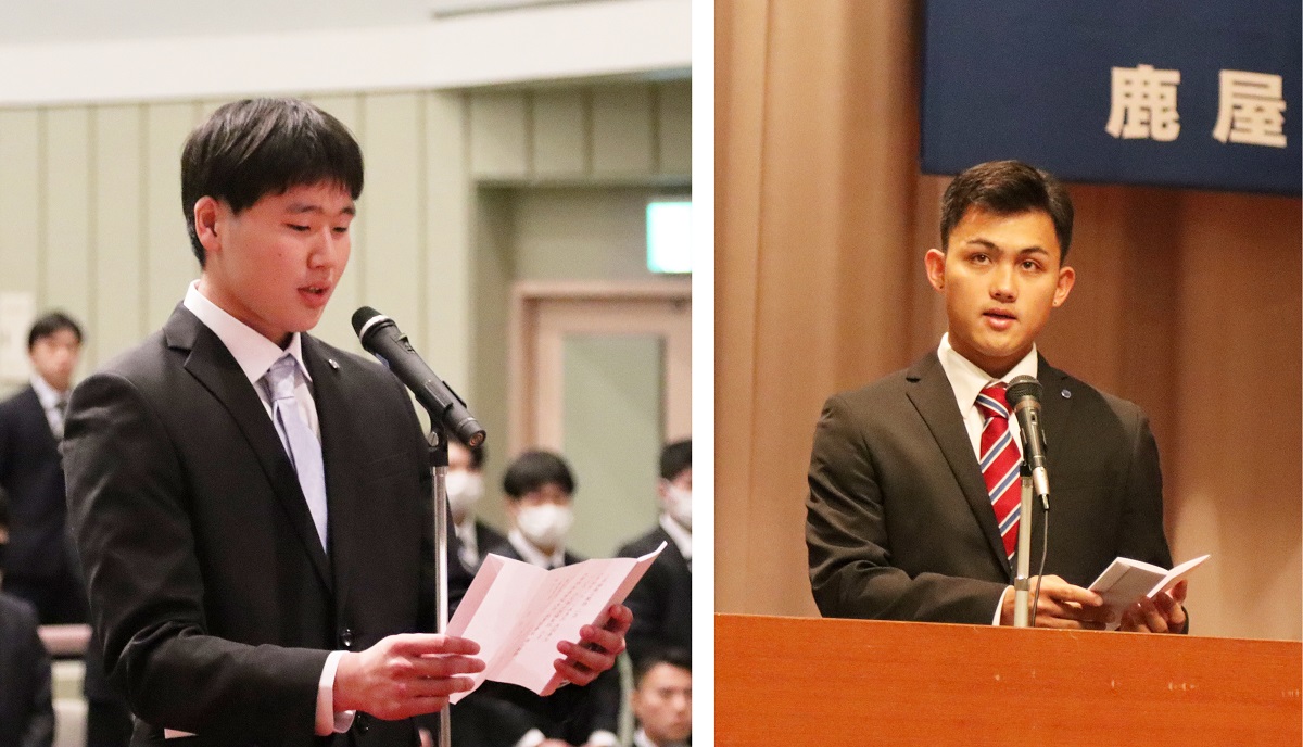 左)宣誓を述べる長崎さん
右)歓迎の辞を述べる今井さん