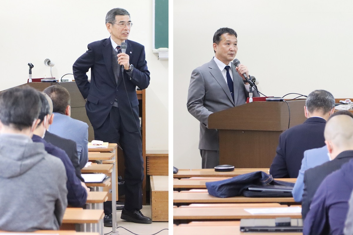 （左）開会挨拶を述べる金久学長
（右）機構の概要を説明する前田機構長