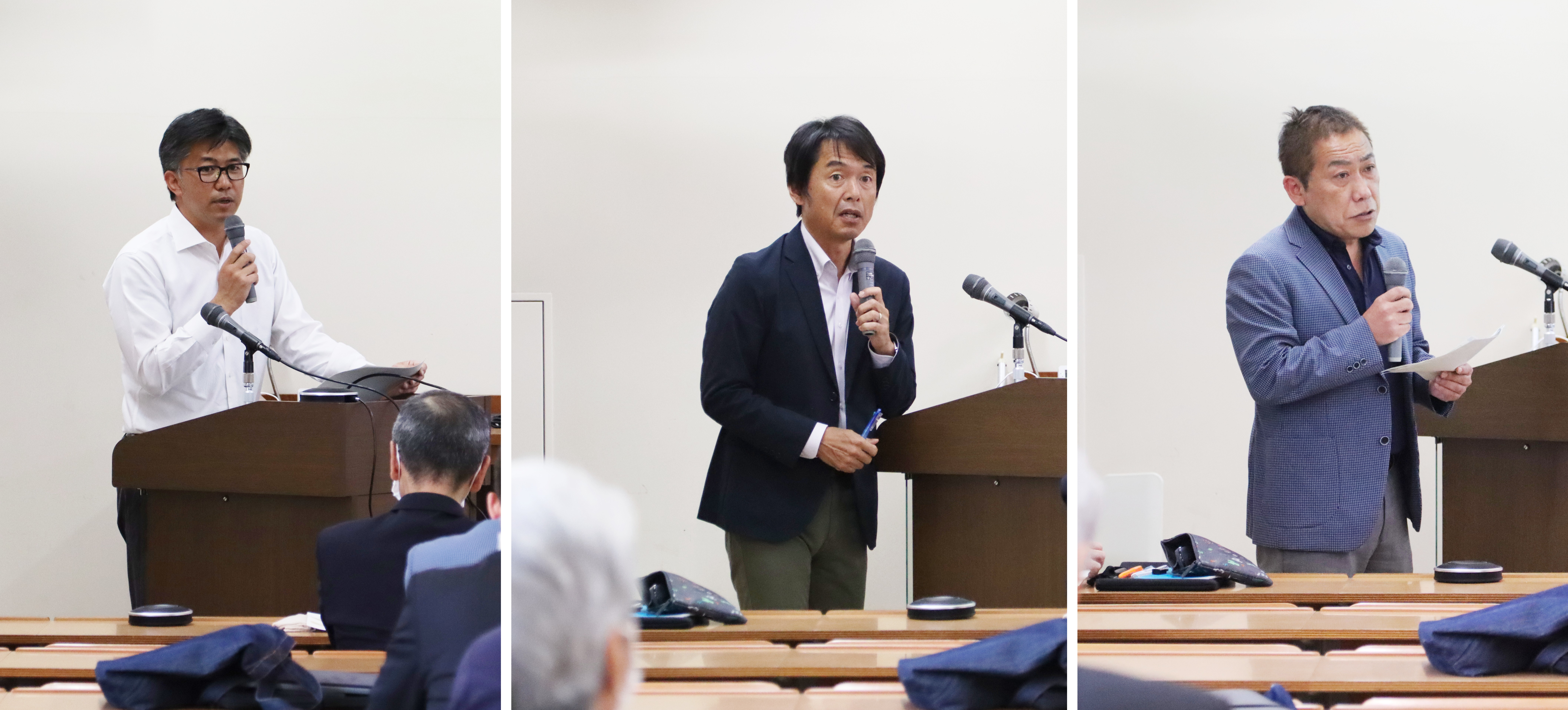 部門の概要を説明する部門長
（左）髙井 洋平スポーツサイエンス部門長
（中）髙橋 仁大スポーツパフォーマンス・コーチング部門長
（右）中垣内 真樹ヘルス・スポーツプロモーション部門長